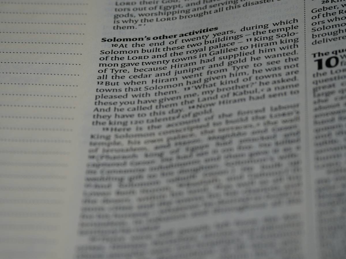 close up, bokeh, macro, blur, blurred background, close focus, bible, old testament, 1 kings, book of kings, kings, ספר מלכים, sêp̄er malḵîm, hebrew bible, destruction of judah, babylon, babylonian exile, Deuteronomistic history, a history of Israel, rabbinic literature, shavuot, christian, judaism, history, text, reading, bible study, devotions, text, NIV, New International Version, type, typography, canon, christianity, holy scripture, holy bible, scripture, tanakh, nevi'im, ketuvim, septuagint,